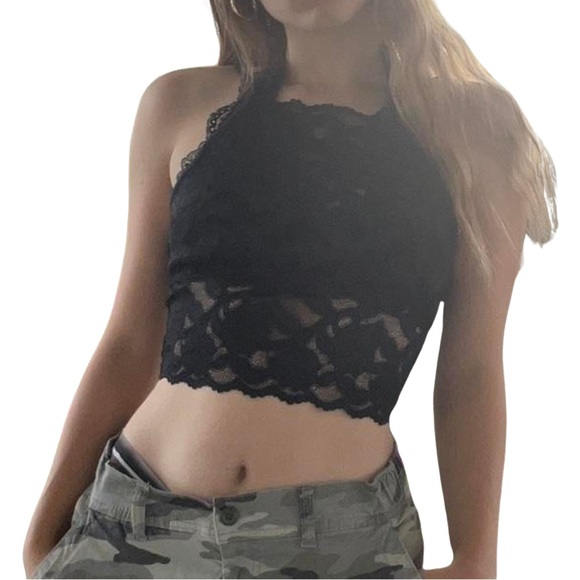 H&M black lace sheer top with tie up straps/back. - Picture 3 of 4